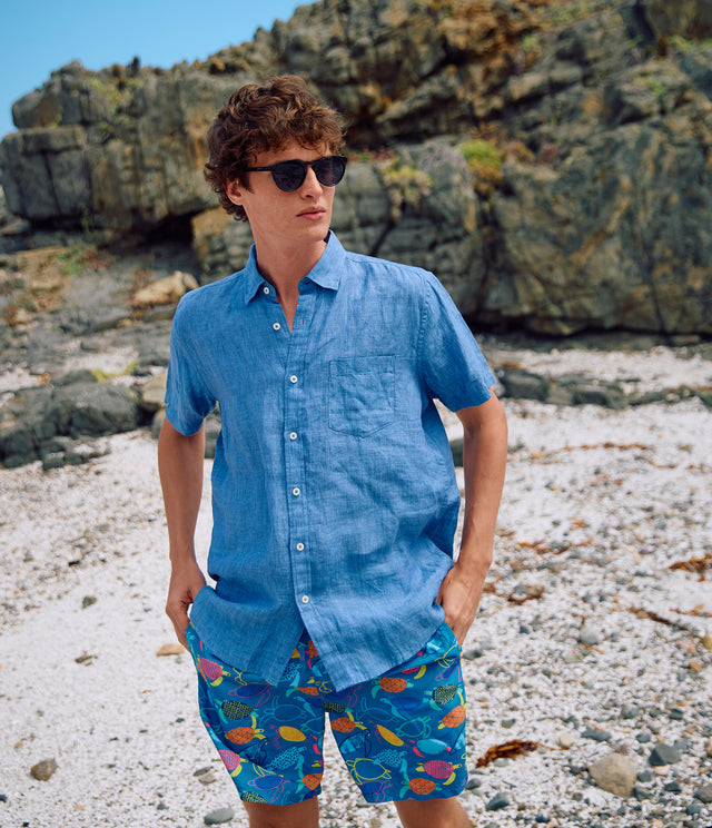 Camisa Hombre Lino Sintra M/Corta Azulino