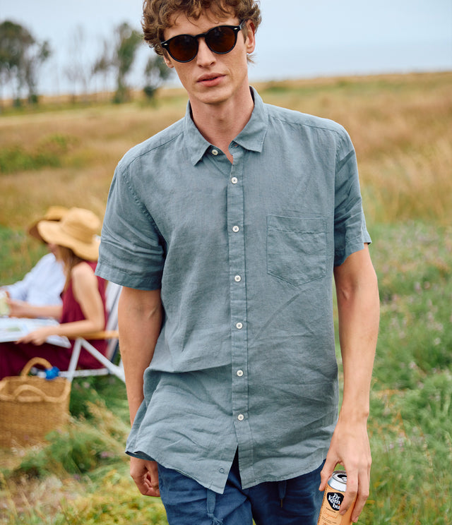 Camisa Hombre Lino Sintra M/Corta Verde Osc