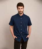Camisa Hombre Tencell Manga Corta Azul Leo