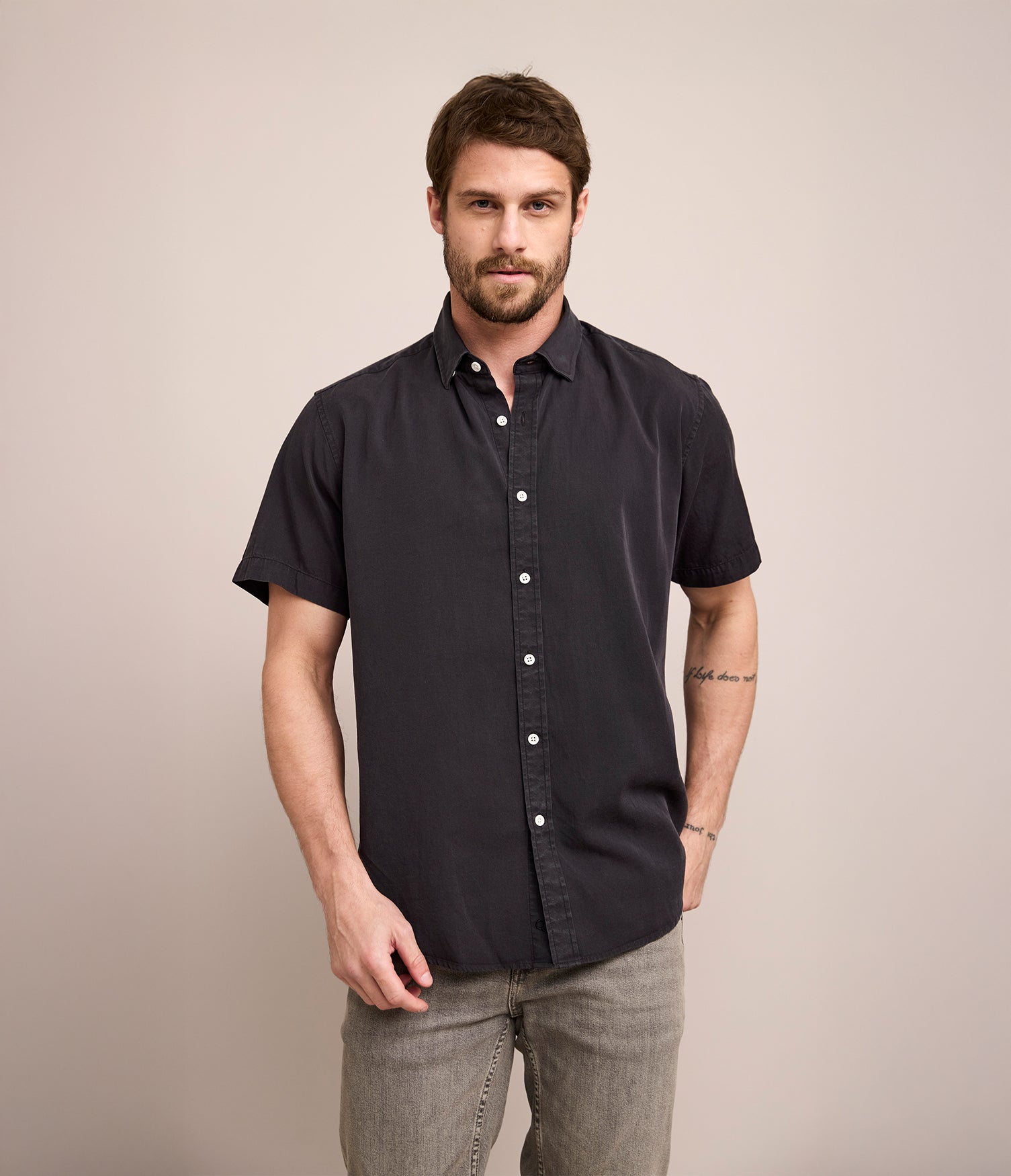 Camisa Hombre Tencell Manga Corta Gris Marengo Leo