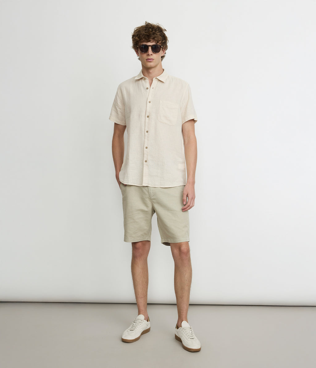 Camisa Hombre Lino Manga Corta Beige Waffle