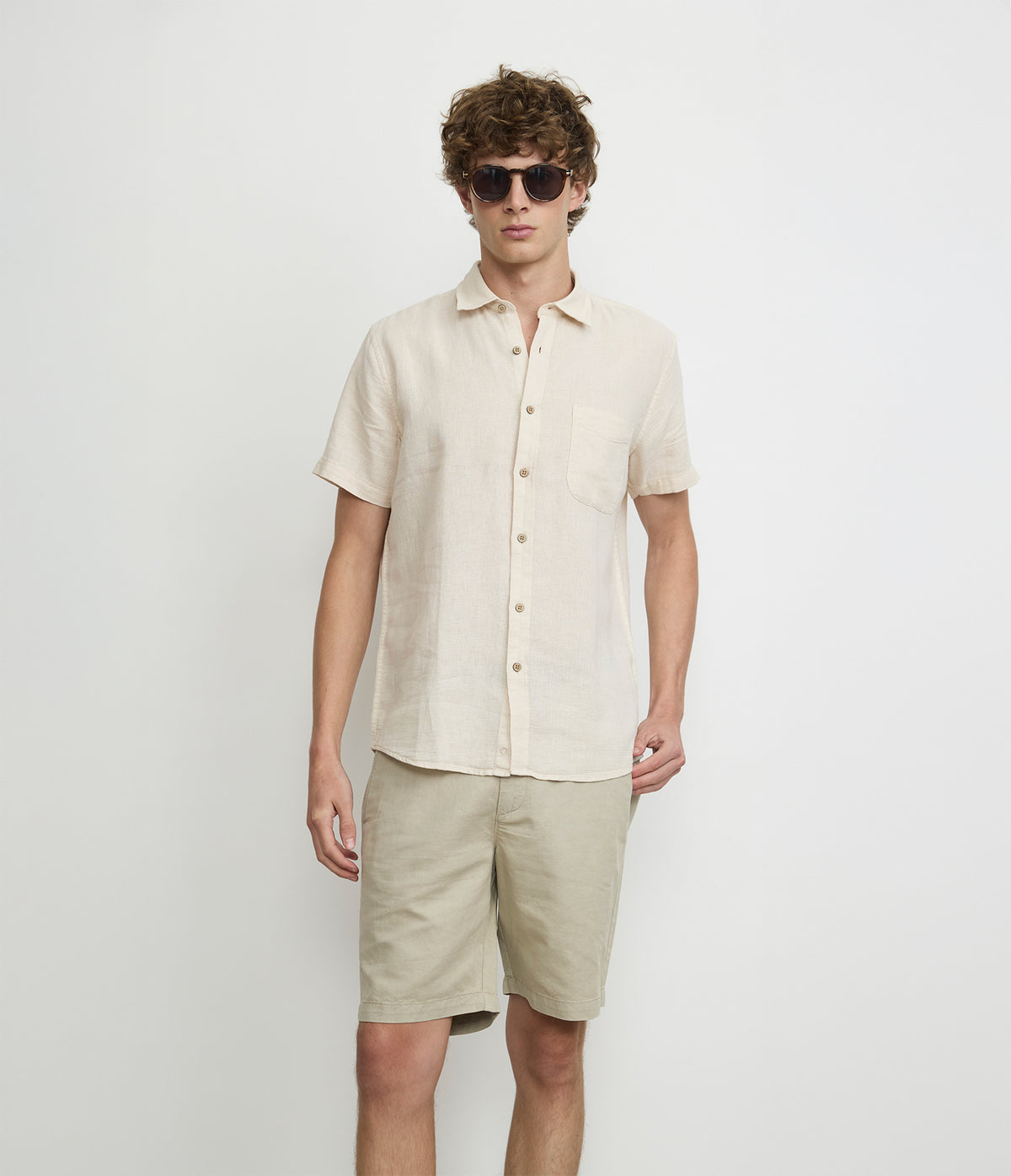 Camisa Hombre Lino Manga Corta Beige Waffle