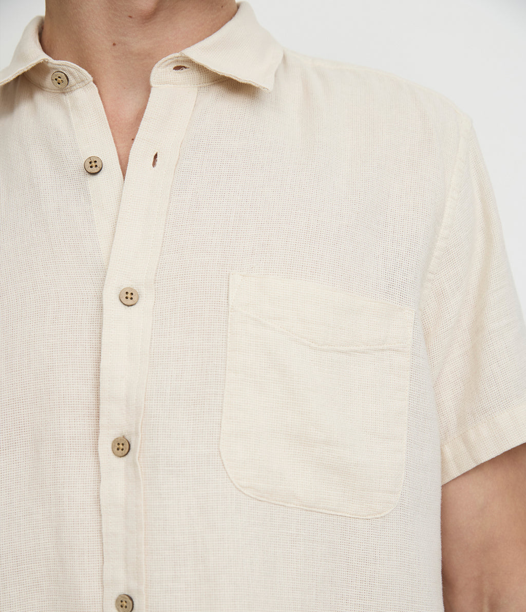 Camisa Hombre Lino Manga Corta Beige Waffle