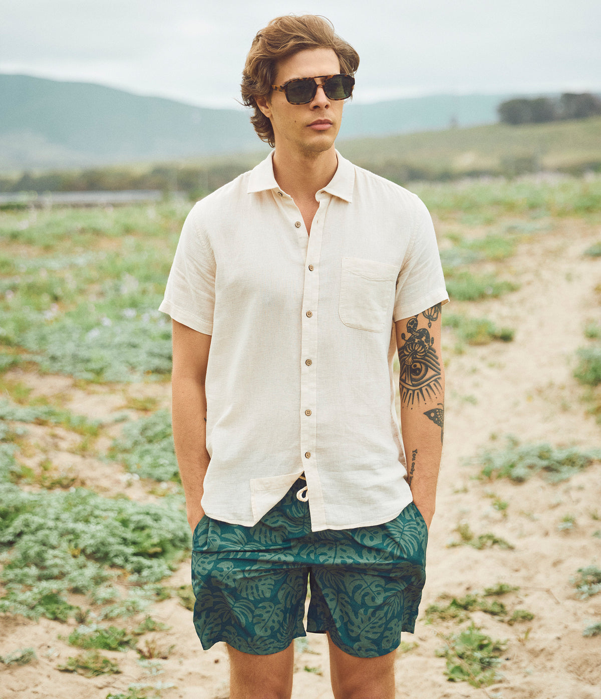 Camisa Hombre Lino Manga Corta Beige Waffle