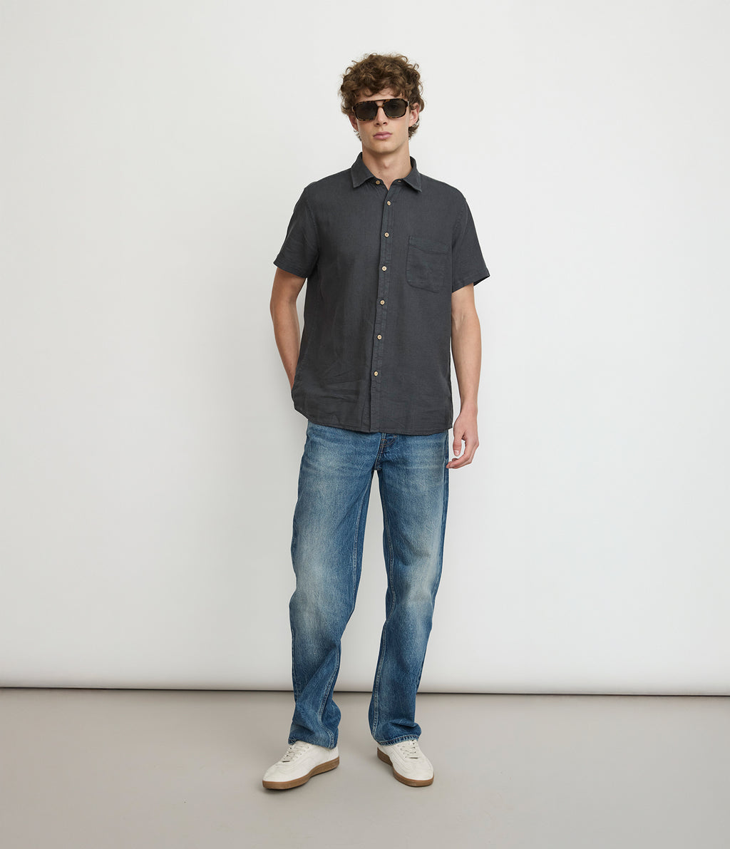 Camisa Hombre Lino Manga Corta Gris Marengo Waffle