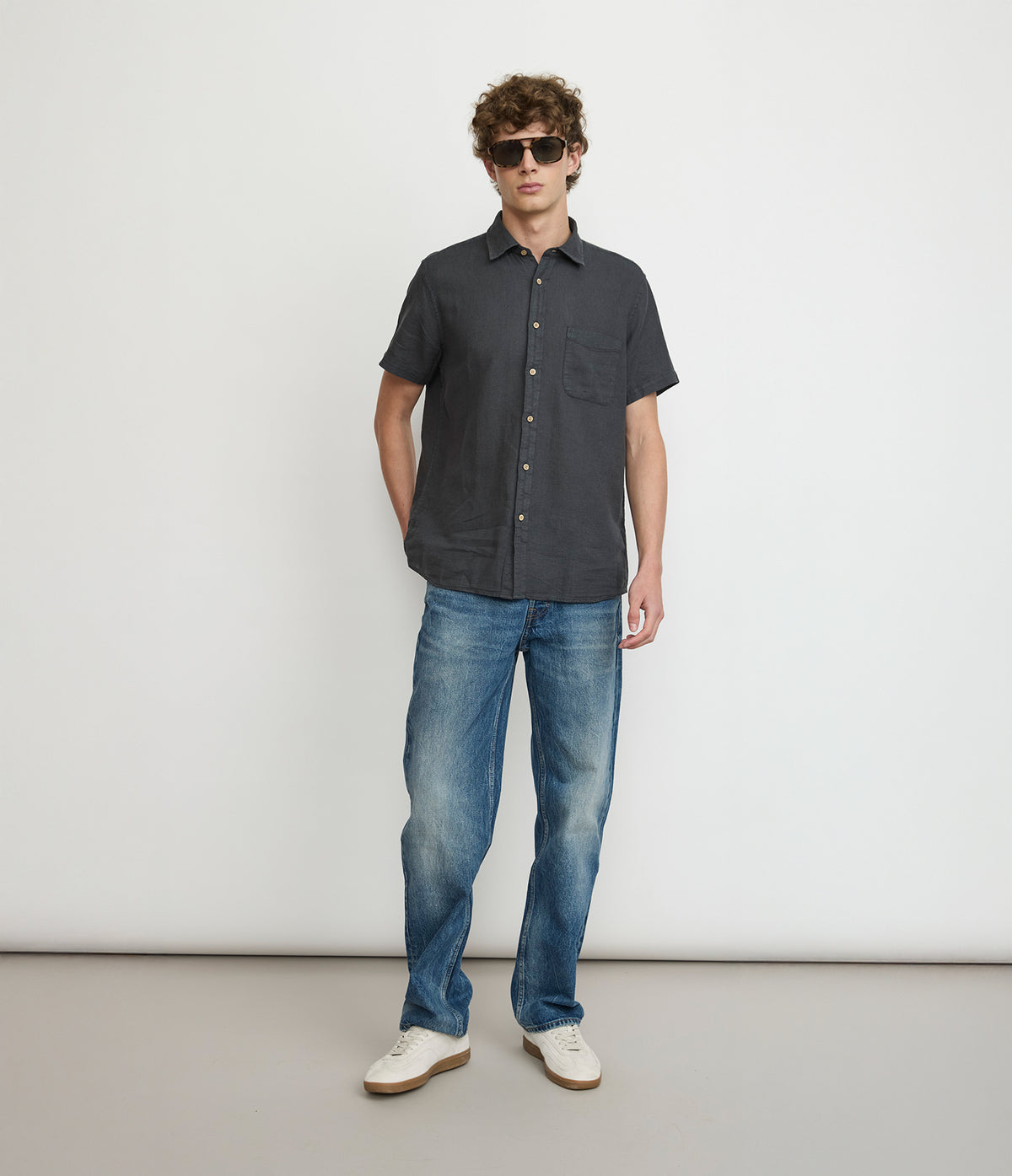 Camisa Hombre Lino Manga Corta Gris Marengo Waffle