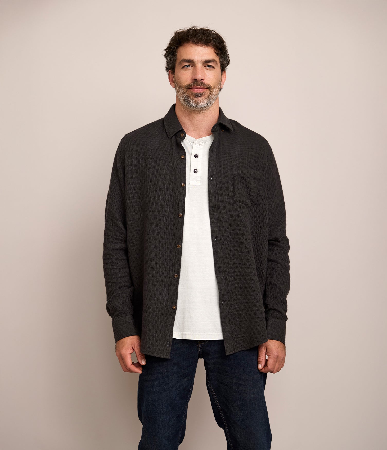Camisa Hombre Waffle Manga Larga Negro Matias