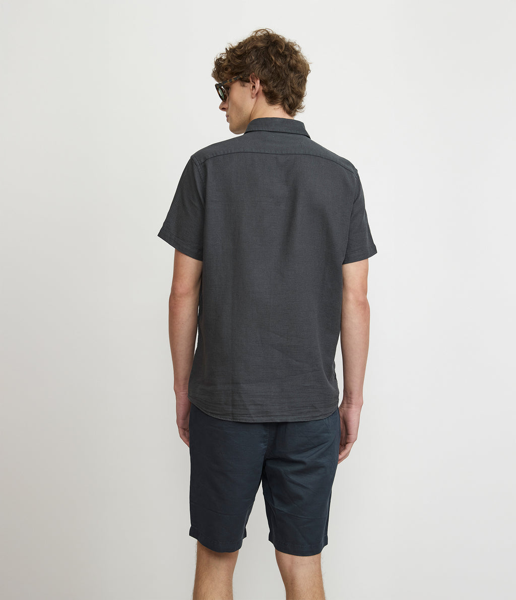 Camisa Hombre Lino Manga Corta Gris Marengo Waffle
