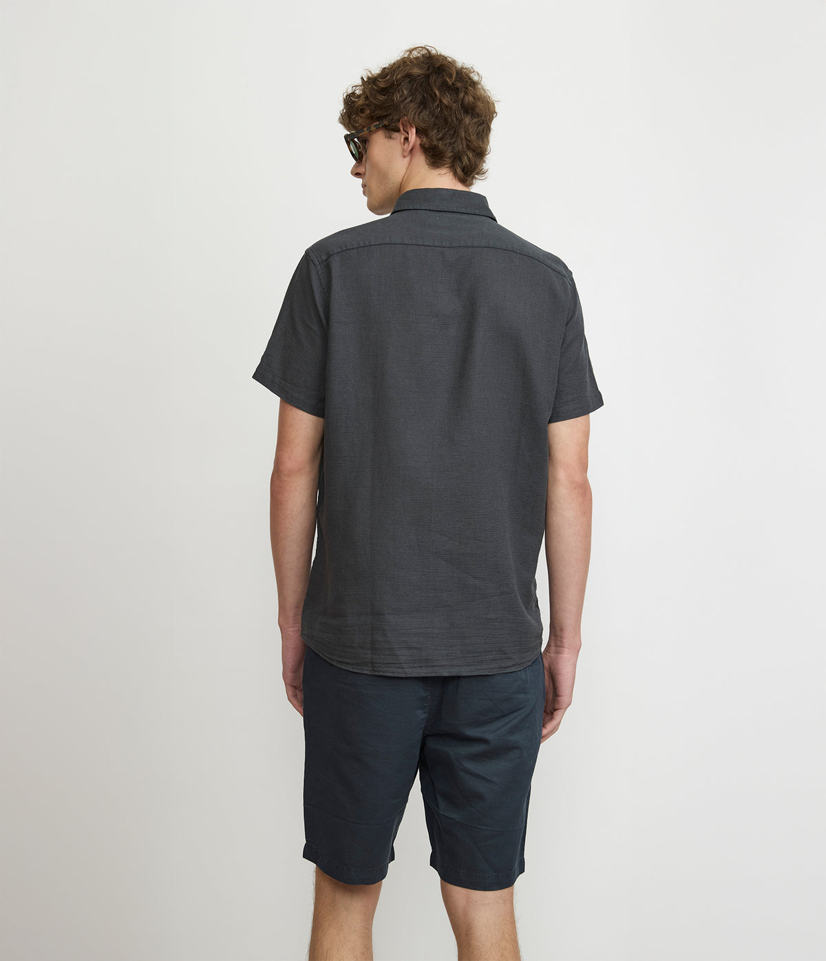 Camisa Hombre Lino Manga Corta Gris Marengo Waffle