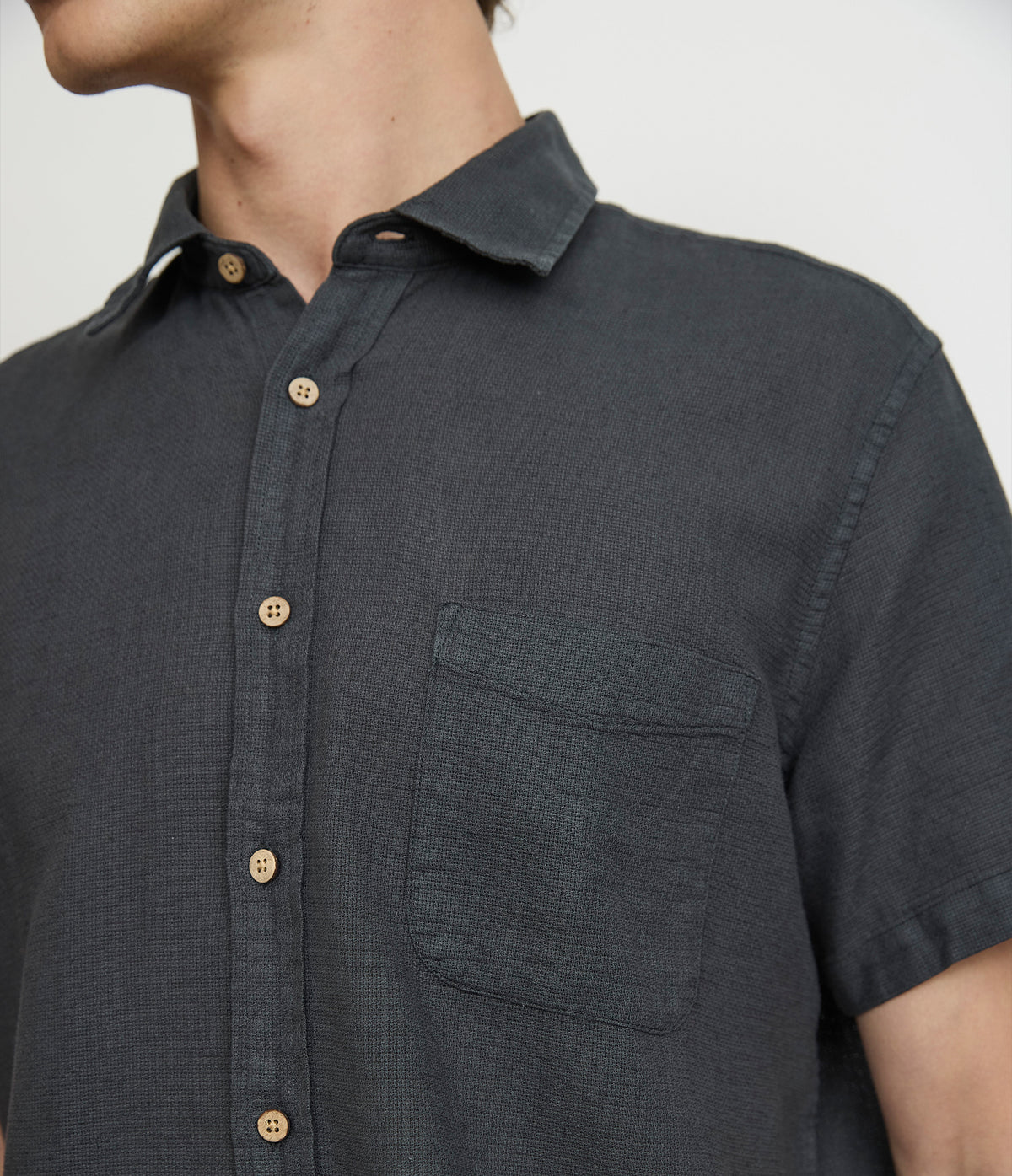 Camisa Hombre Lino Manga Corta Gris Marengo Waffle