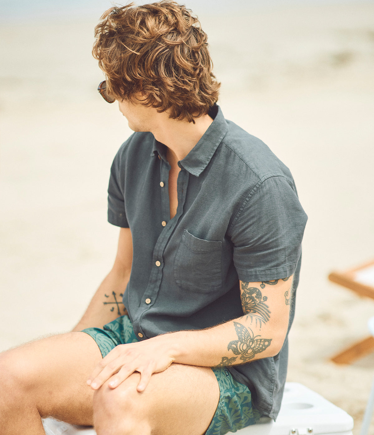 Camisa Hombre Lino Manga Corta Gris Marengo Waffle