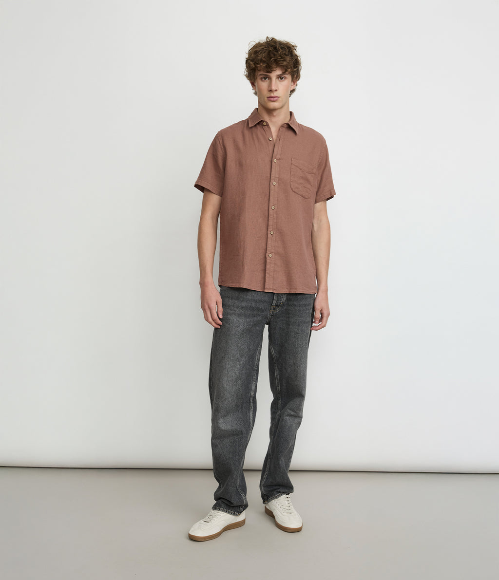 Camisa Hombre Lino Manga Corta Terracota Waffle