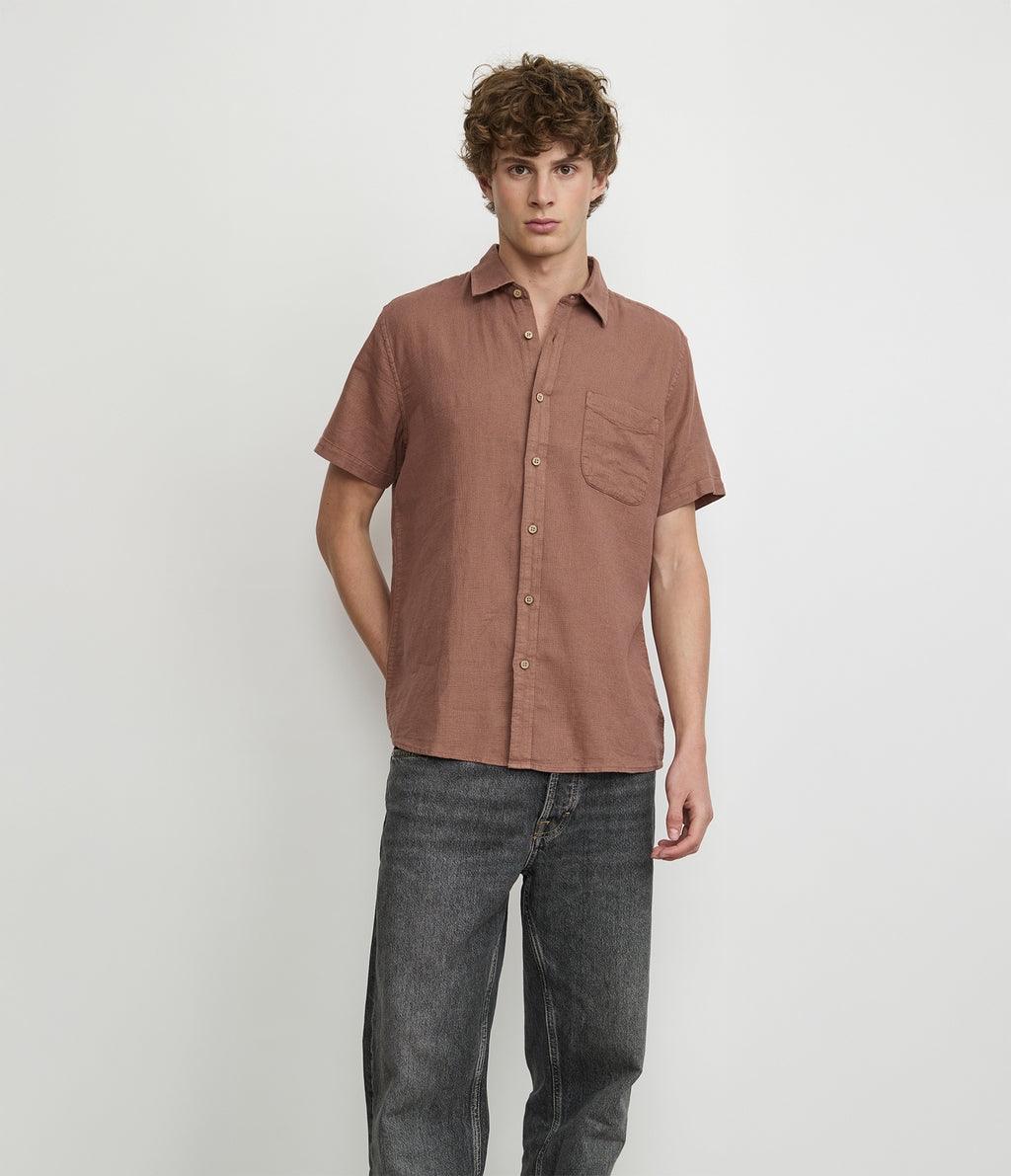 Camisa Hombre Lino Manga Corta Terracota Waffle