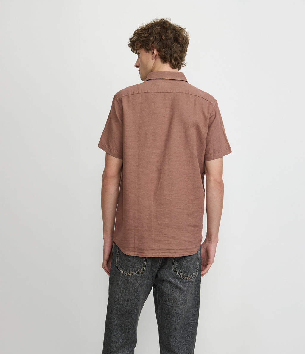 Camisa Hombre Lino Manga Corta Terracota Waffle