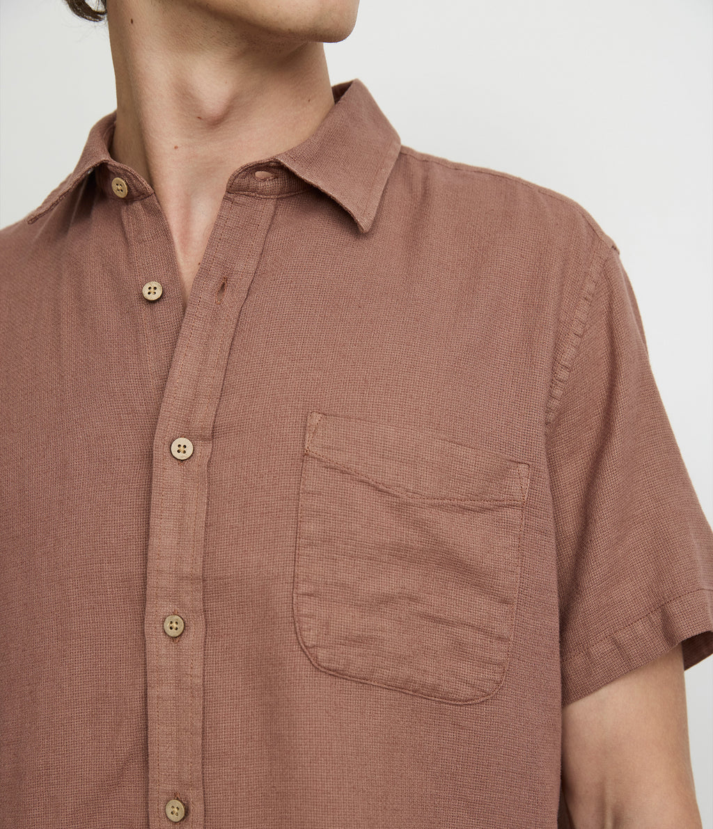 Camisa Hombre Lino Manga Corta Terracota Waffle