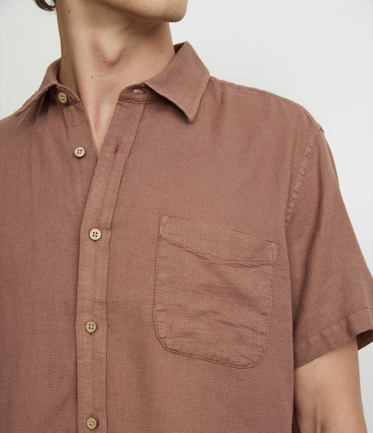 Camisa Hombre Lino Manga Corta Terracota Waffle