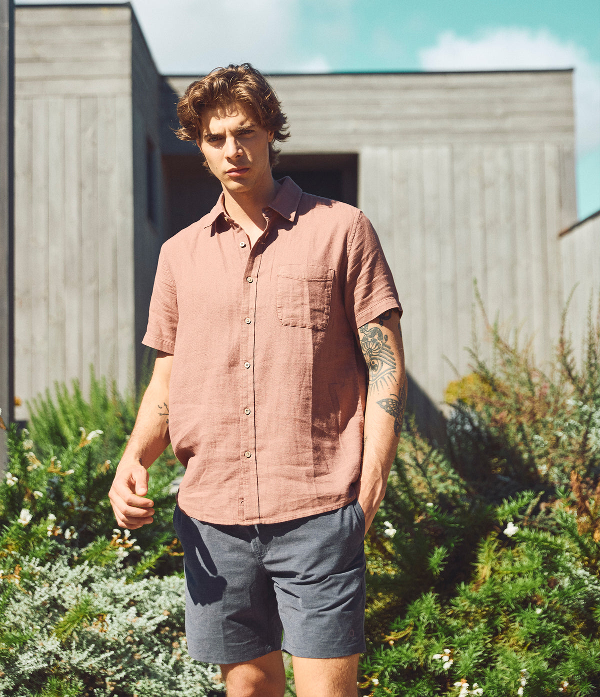 Camisa Hombre Lino Manga Corta Terracota Waffle