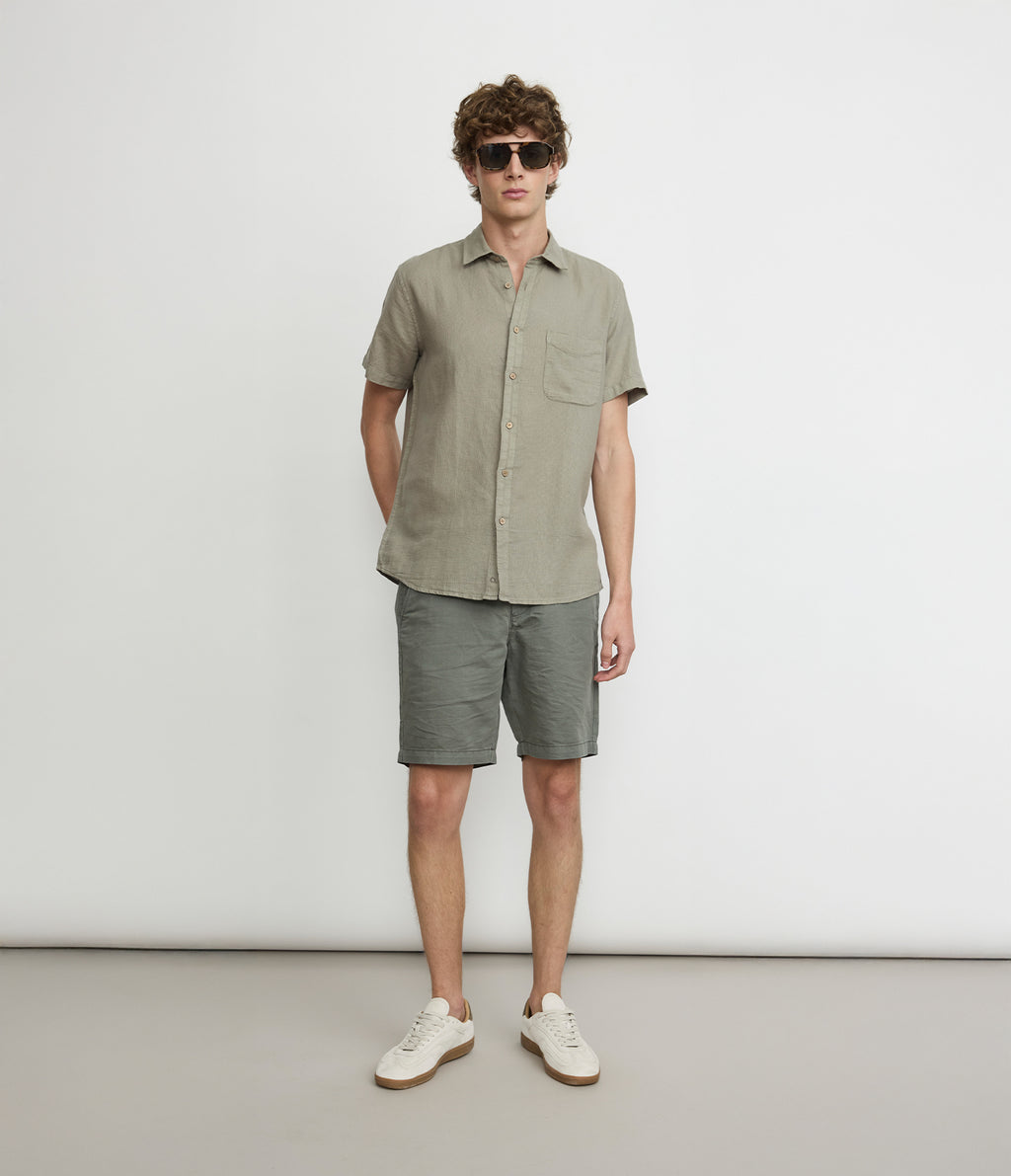 Camisa Hombre Lino Manga Corta Verde Waffle