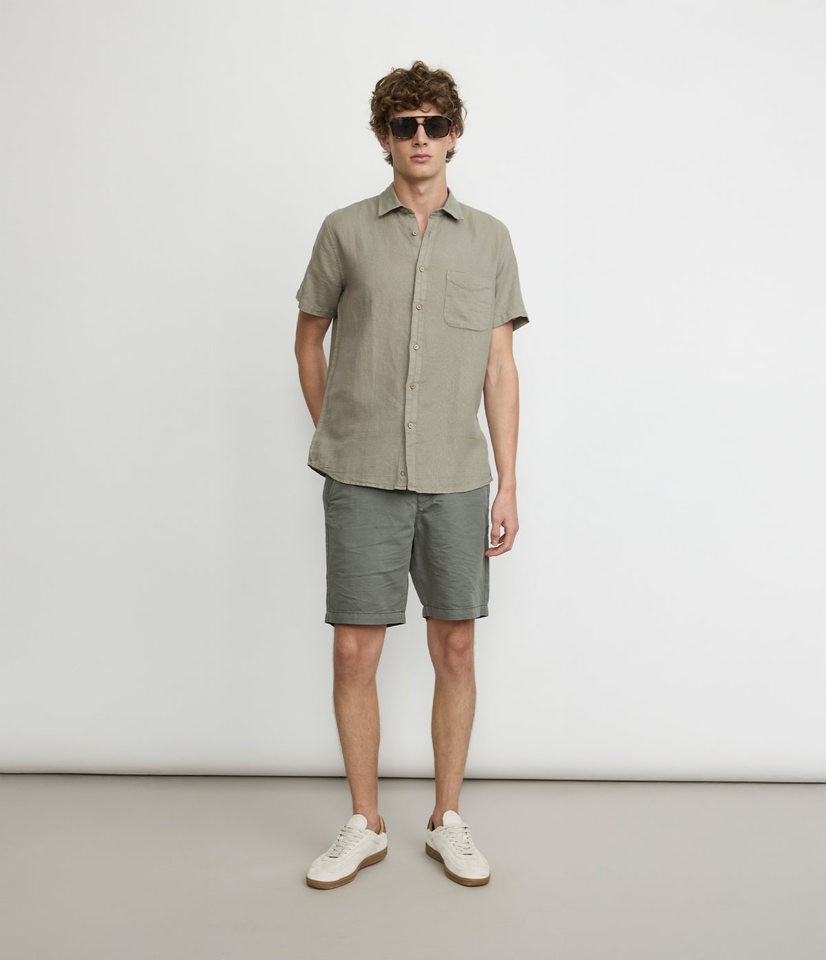 Camisa Hombre Lino Manga Corta Verde Waffle