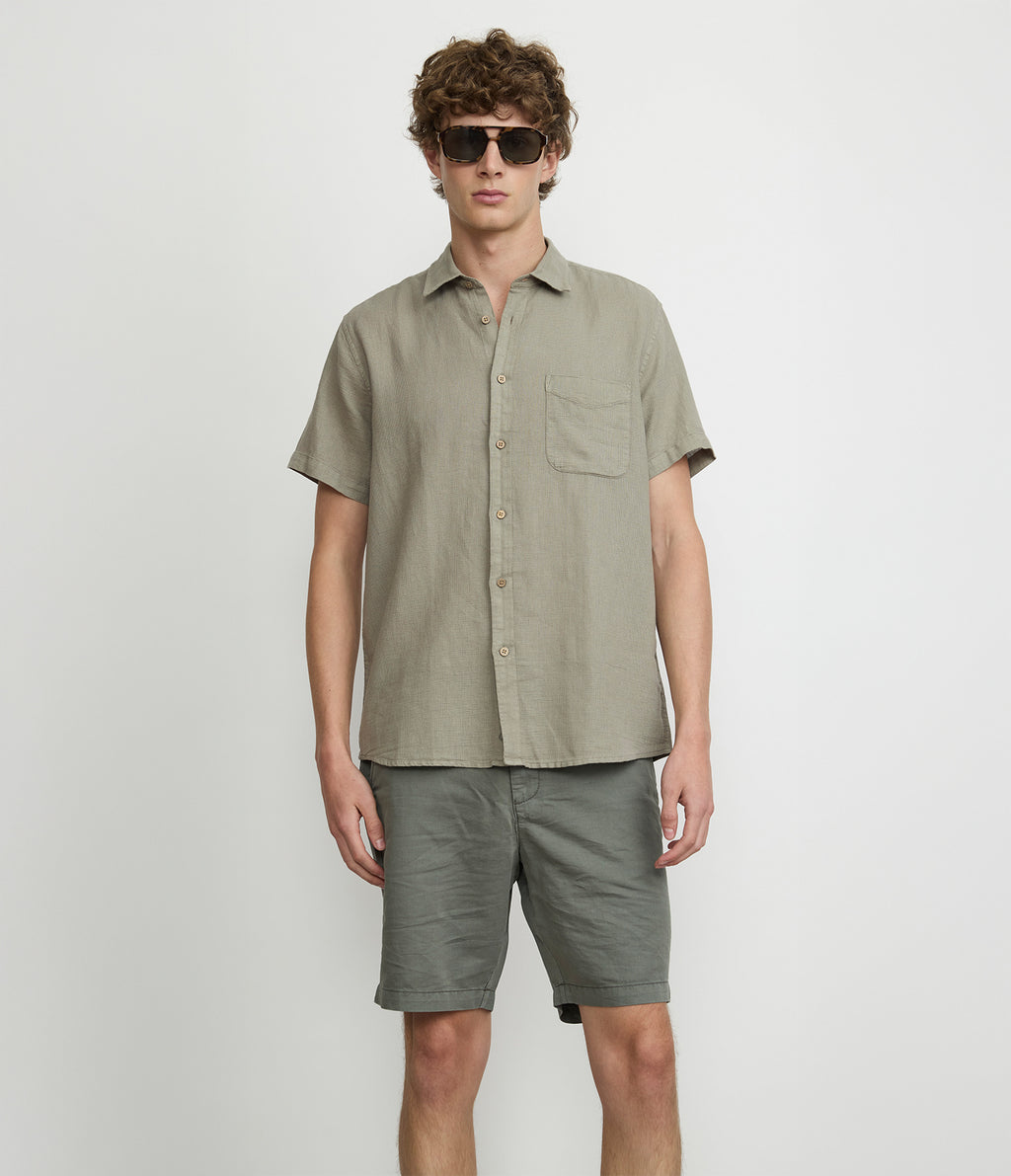 Camisa Hombre Lino Manga Corta Verde Waffle