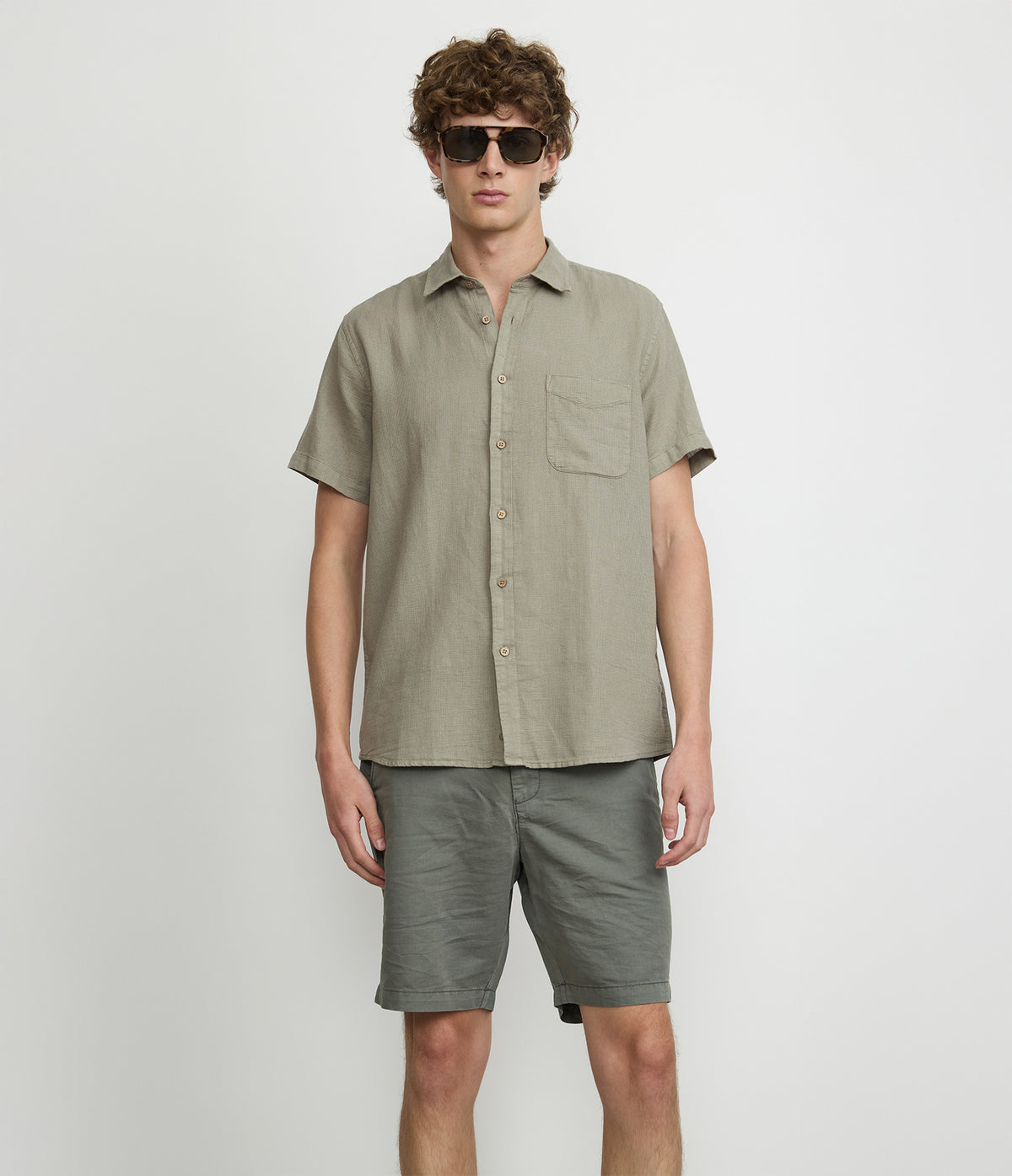 Camisa Hombre Lino Manga Corta Verde Waffle