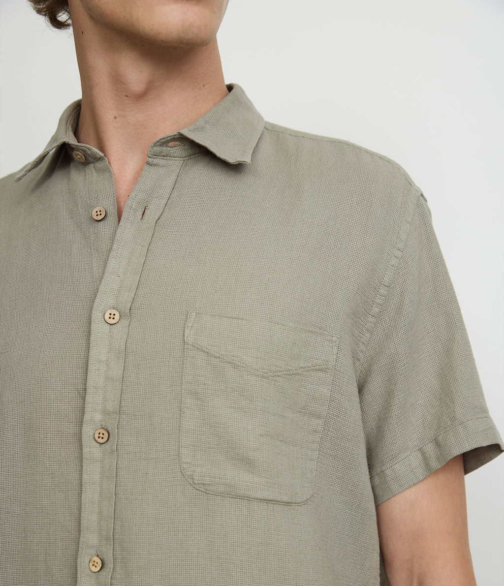 Camisa Hombre Lino Manga Corta Verde Waffle