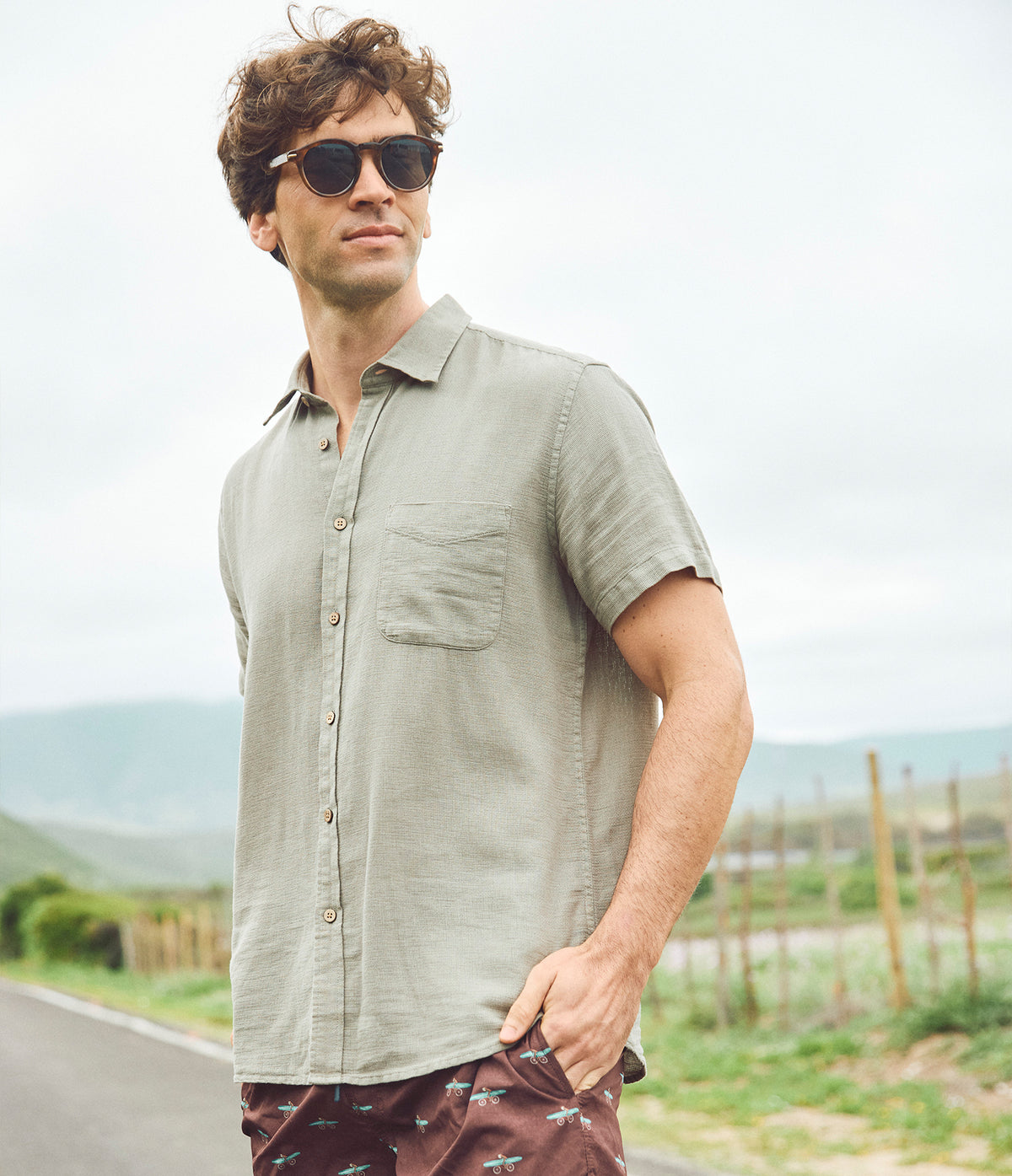 Camisa Hombre Lino Manga Corta Verde Waffle