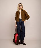Chaqueta Mujer 100% Cuero Gamuza Bomber Beige