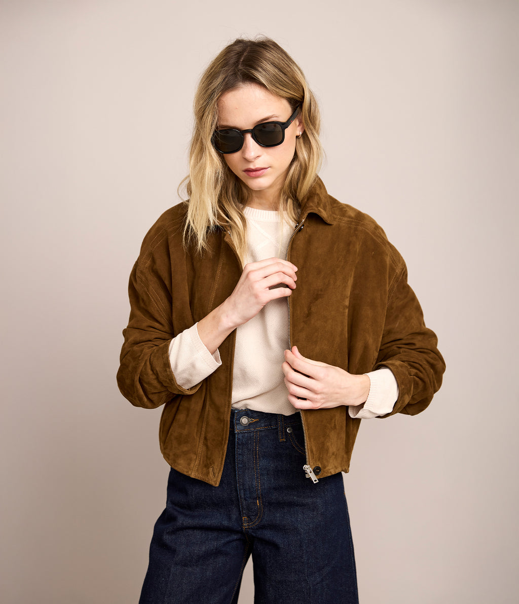 Chaqueta Mujer 100% Cuero Gamuza Bomber Beige