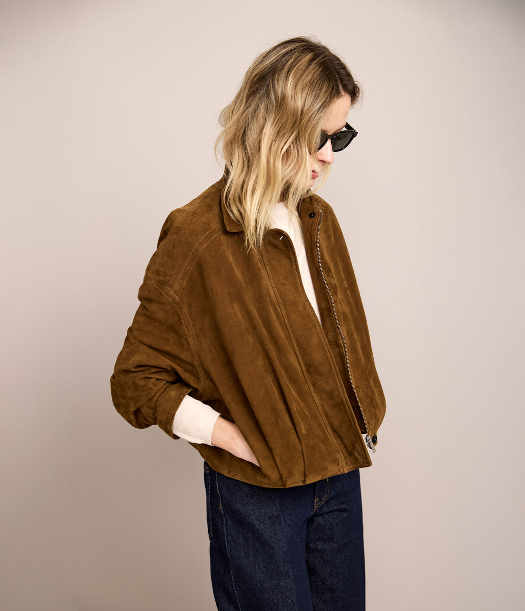 Chaqueta Mujer 100% Cuero Gamuza Bomber Beige
