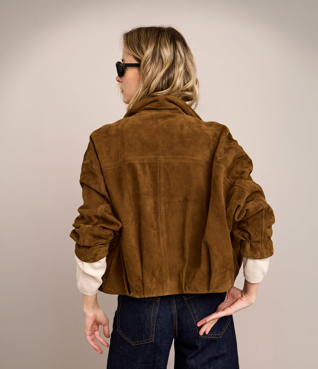 Chaqueta Mujer 100% Cuero Gamuza Bomber Beige