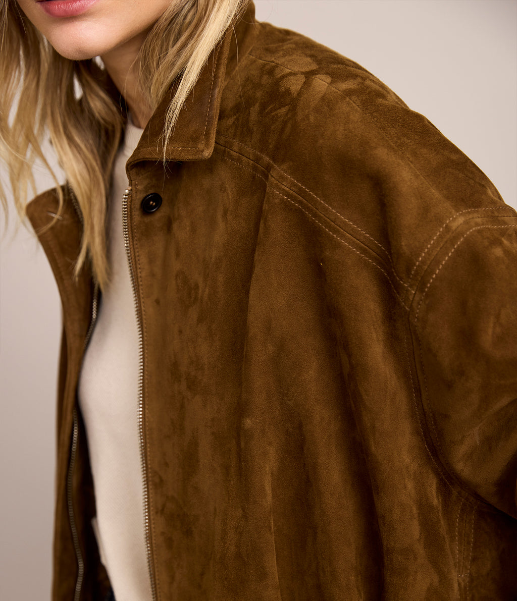 Chaqueta Mujer 100% Cuero Gamuza Bomber Beige