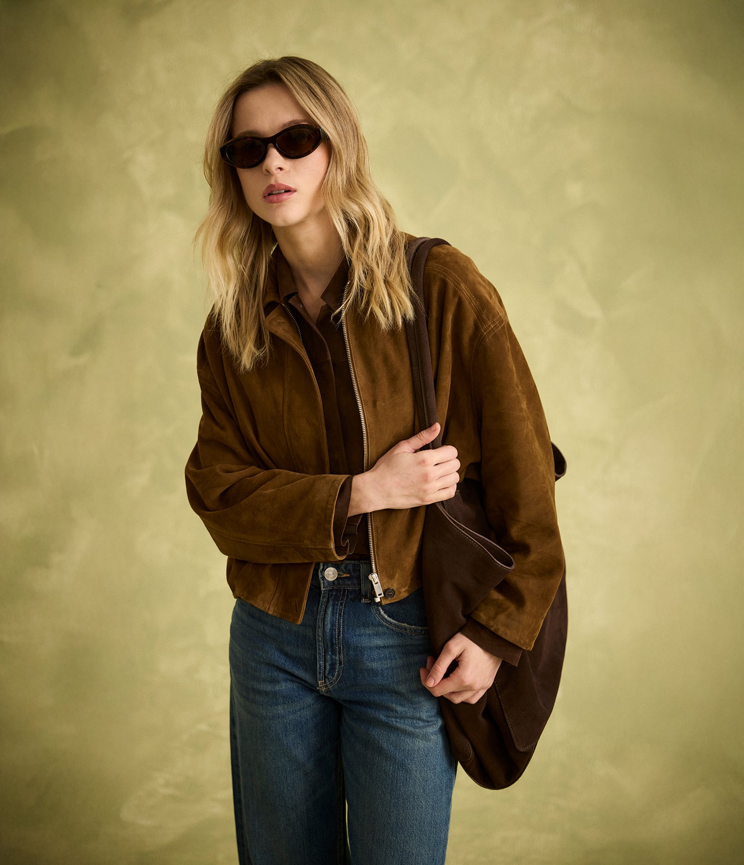 Chaqueta Mujer 100% Cuero Gamuza Bomber Beige