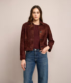 Chaqueta Mujer 100% Cuero Gamuza Lina Burdeo