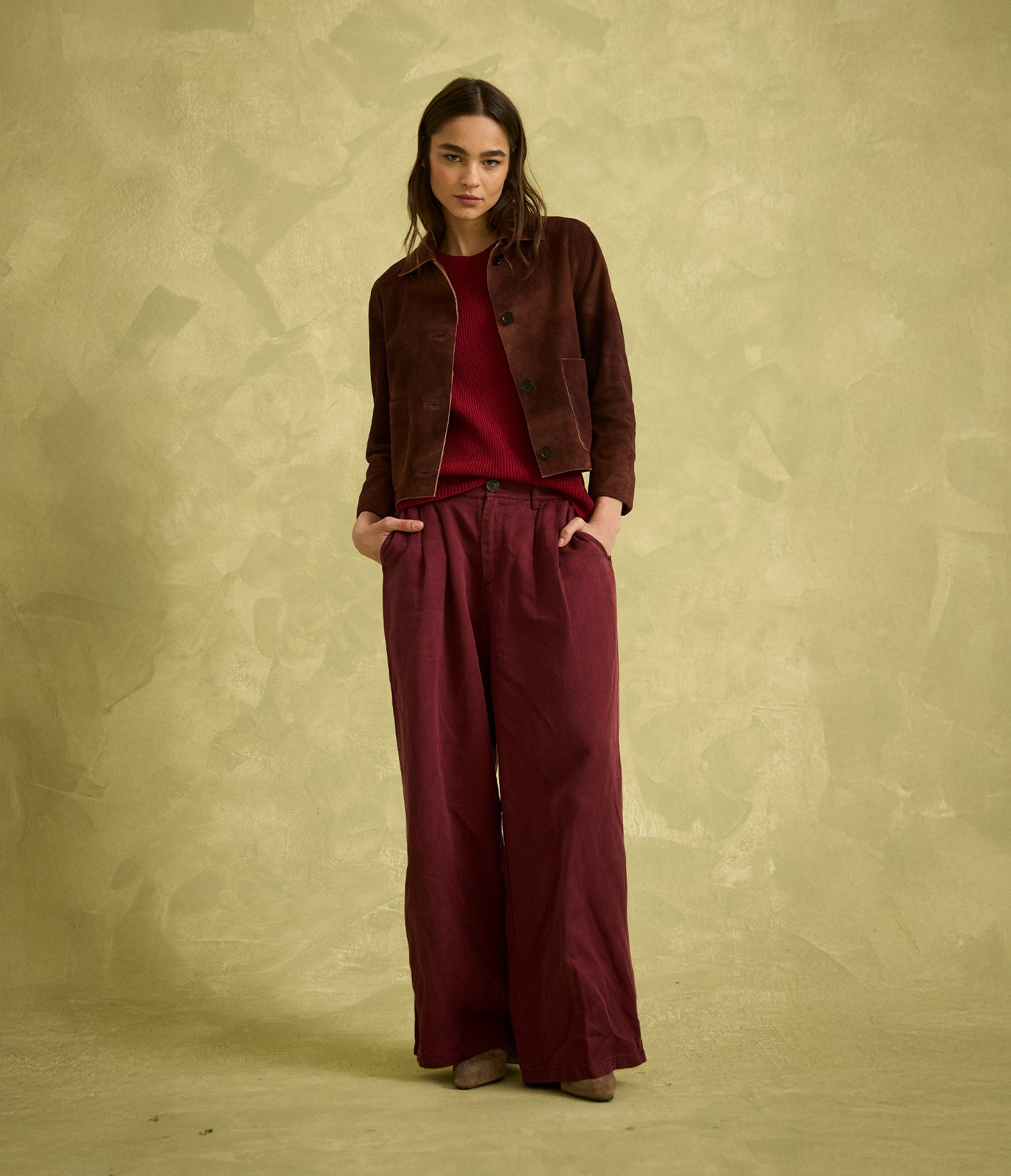 Chaqueta Mujer 100% Cuero Gamuza Lina Burdeo