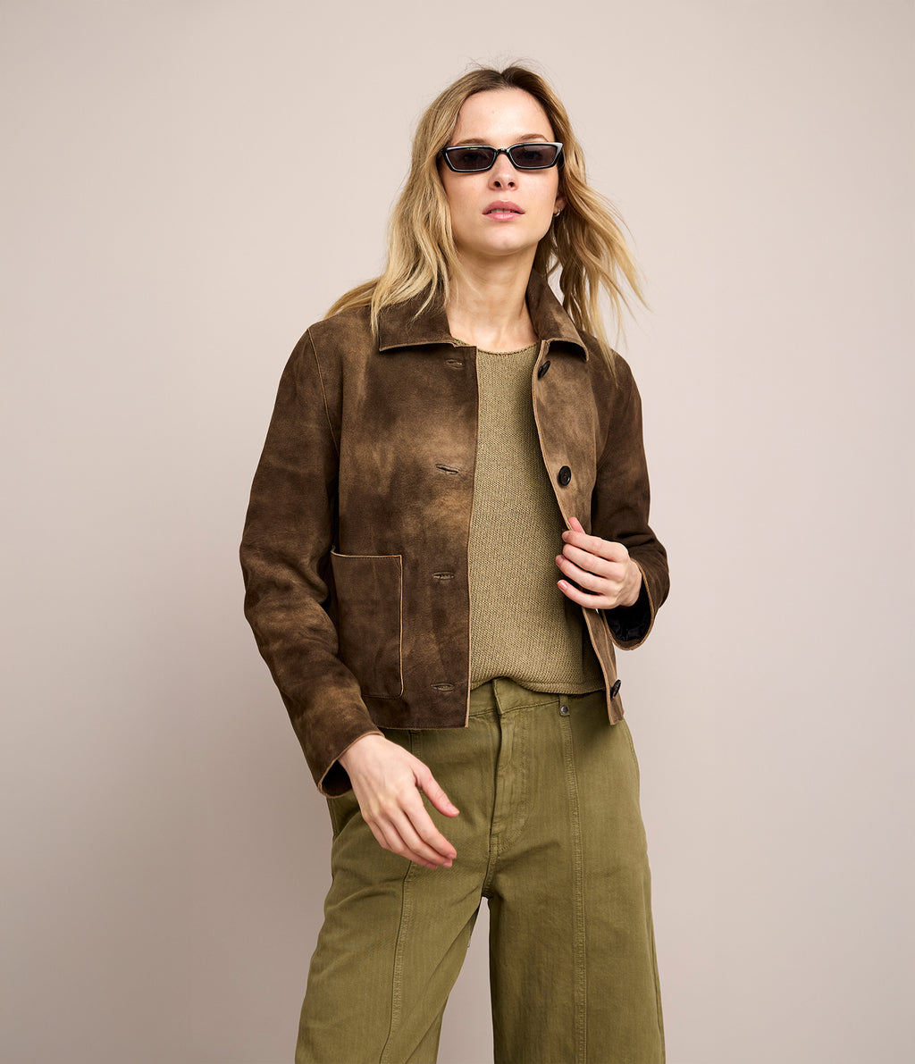 Chaqueta Mujer 100% Cuero Gamuza Lina Beige