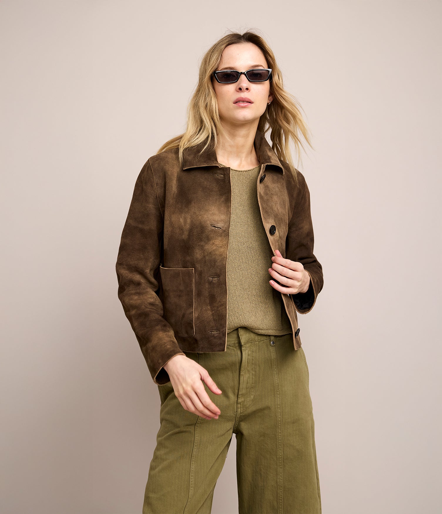 Chaqueta Mujer 100% Cuero Gamuza Lina Beige