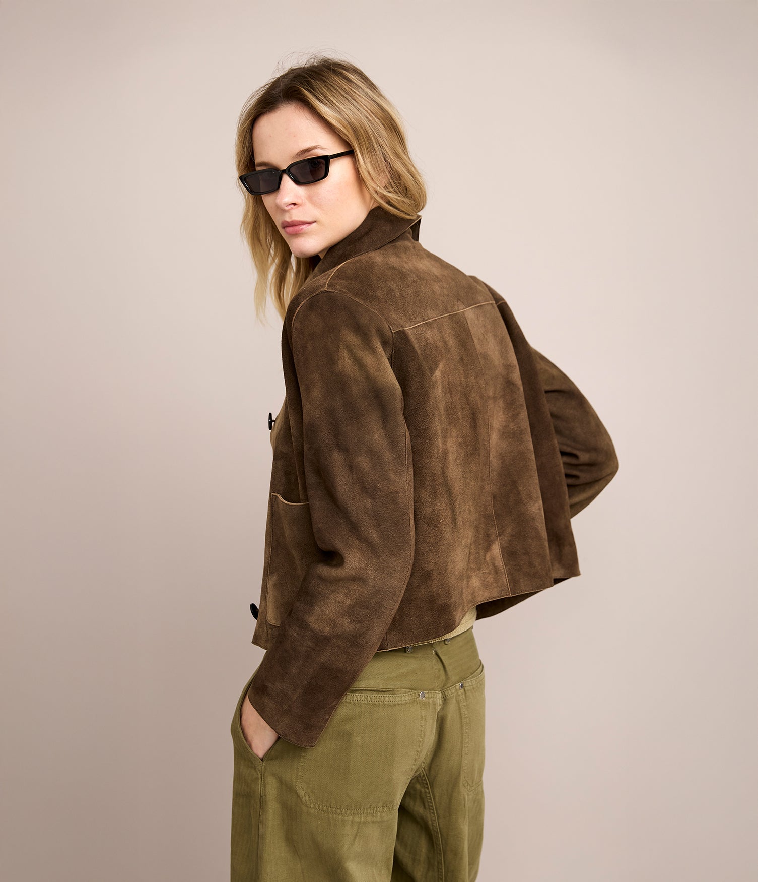 Chaqueta Mujer 100% Cuero Gamuza Lina Beige