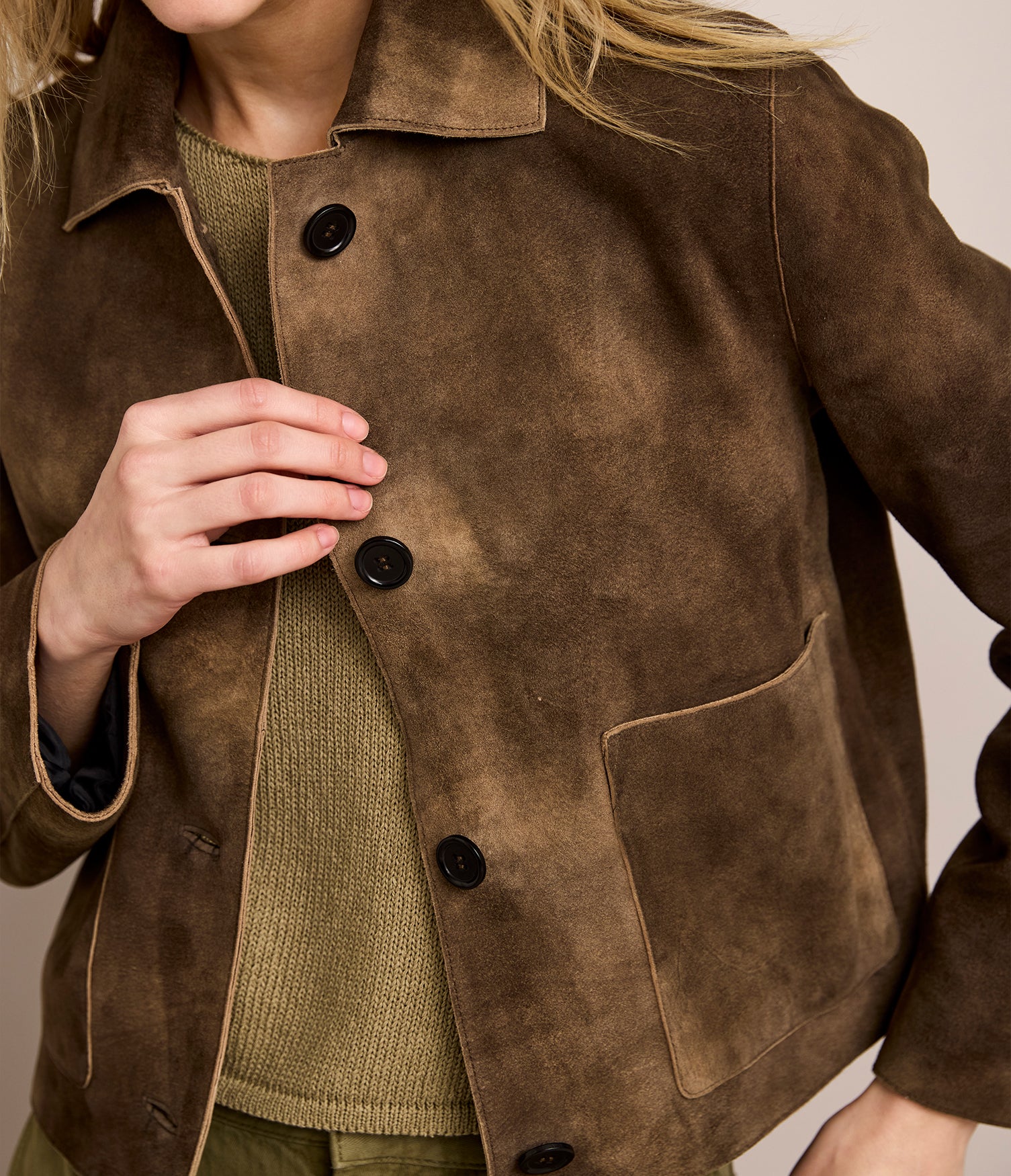 Chaqueta Mujer 100% Cuero Gamuza Lina Beige