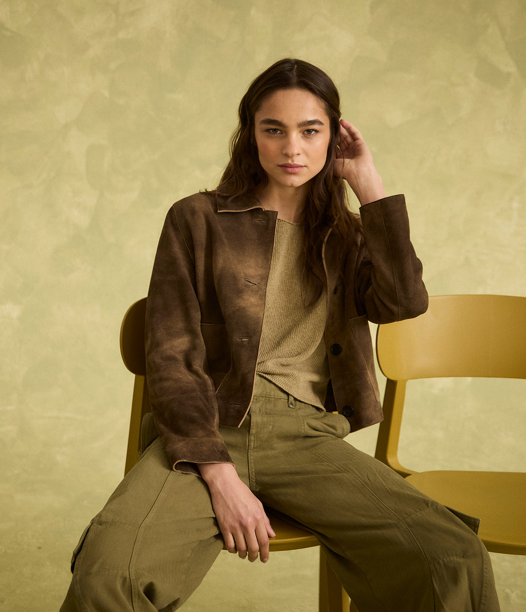 Chaqueta Mujer 100% Cuero Gamuza Lina Beige