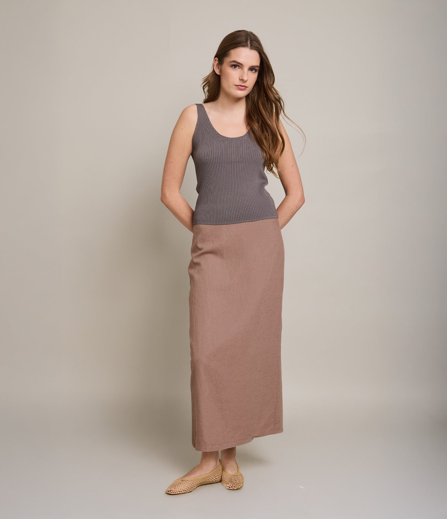 Falda Mujer 100% Lino Bologna Larga Terracota