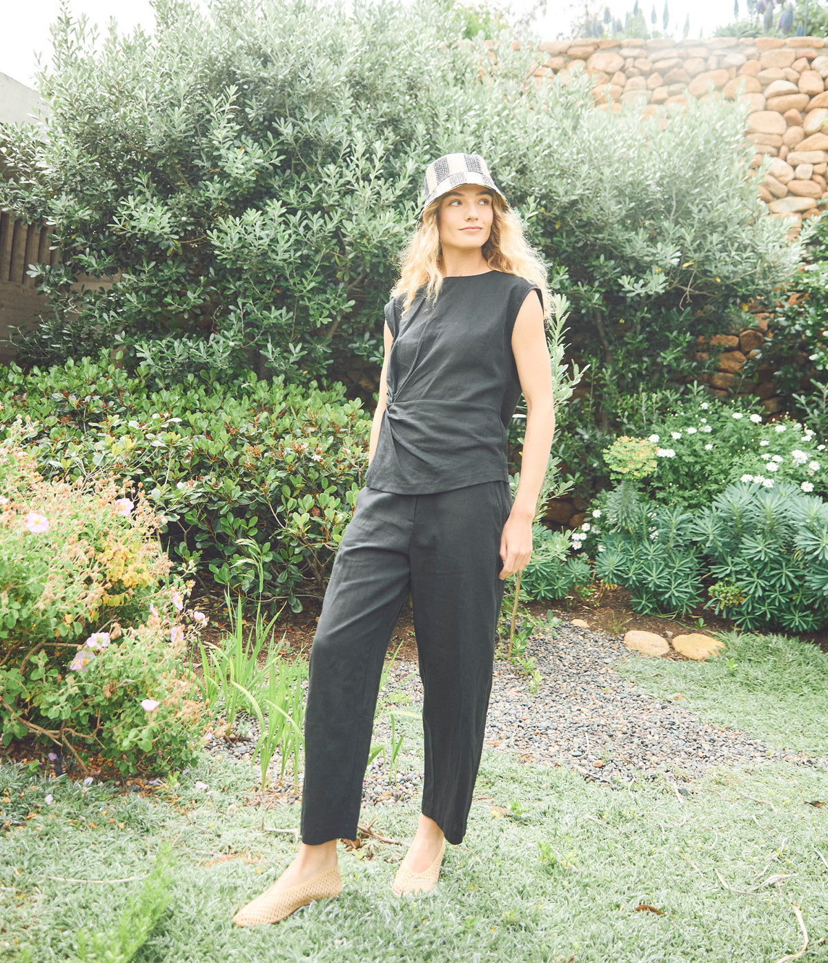 Pantalón Mujer Lino Baggy Negro Verona