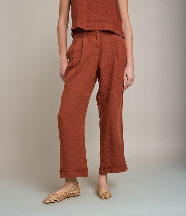 Pantalón Baggy Mujer 100% Lino Firenze Terracota