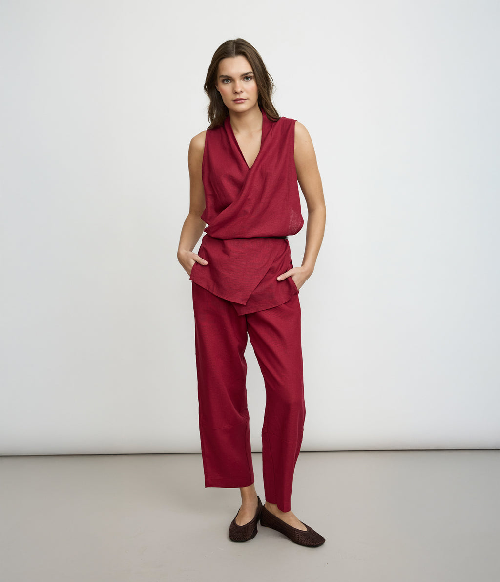 Pantalón Mujer Lino Baggy Burdeo Verona