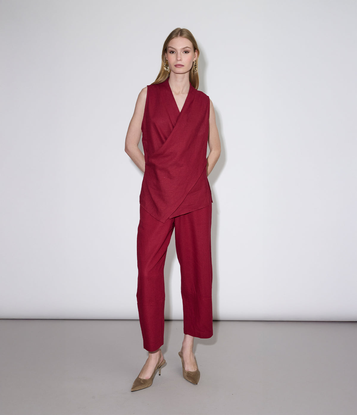 Pantalón Mujer Lino Baggy Burdeo Verona
