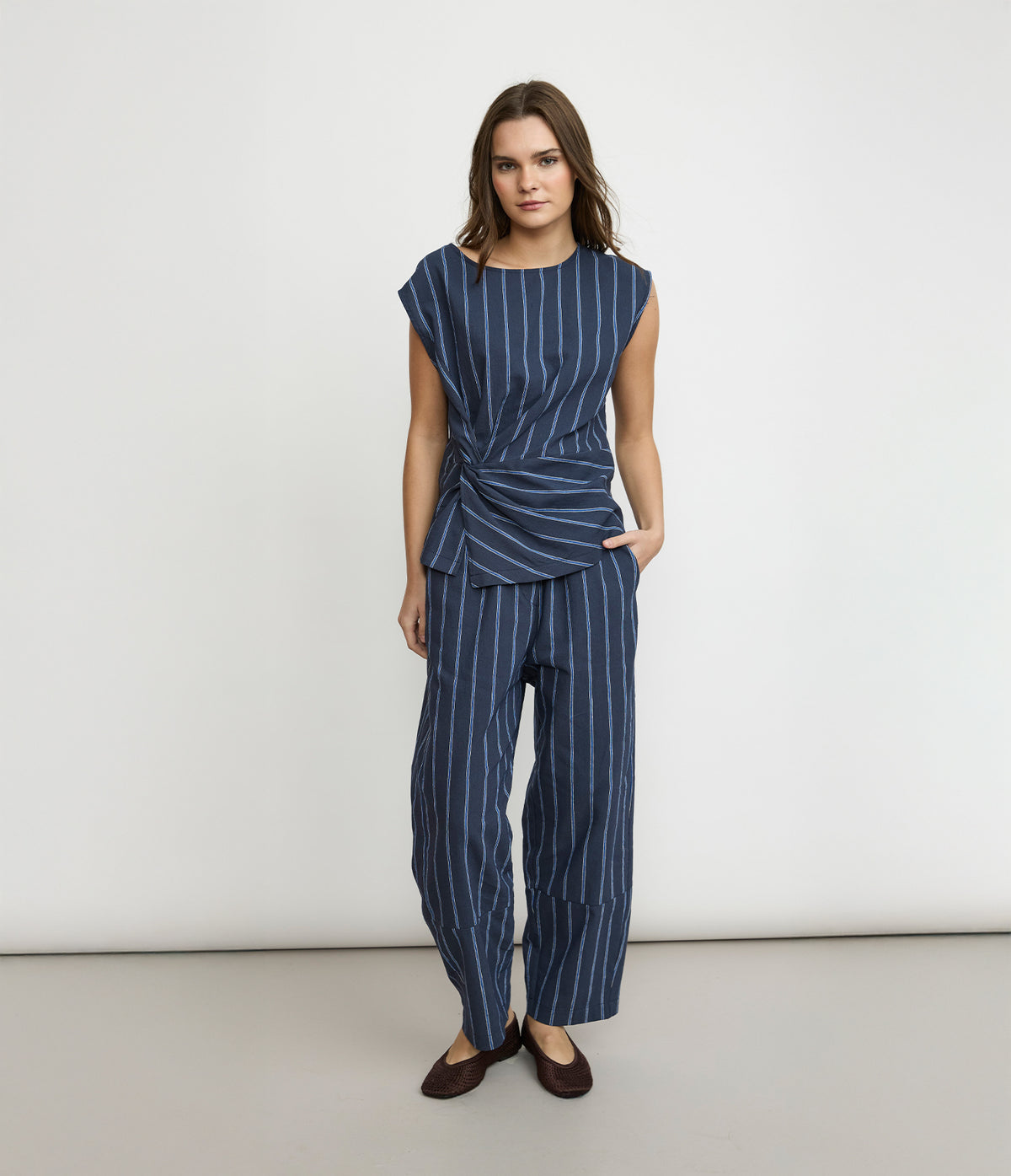 Pantalón Mujer Lino Baggy Rayas Azul Verona