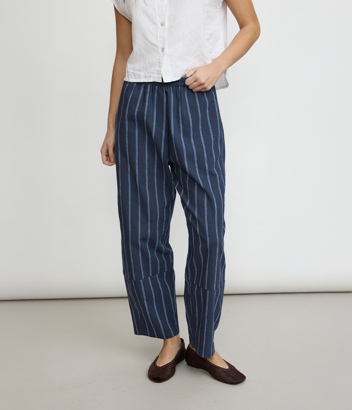 Pantalón Mujer Lino Baggy Rayas Azul Verona