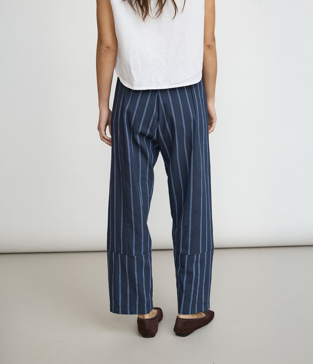 Pantalón Mujer Lino Baggy Rayas Azul Verona