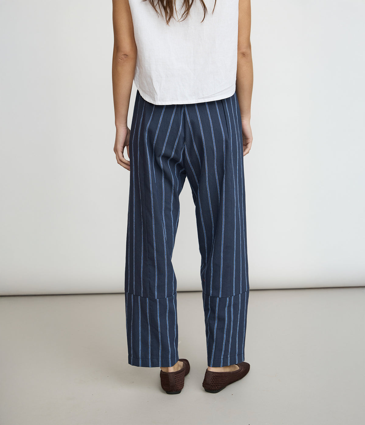 Pantalón Mujer Lino Baggy Rayas Azul Verona