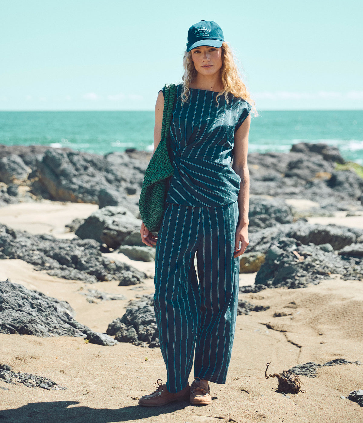 Pantalón Mujer Lino Baggy Rayas Azul Verona